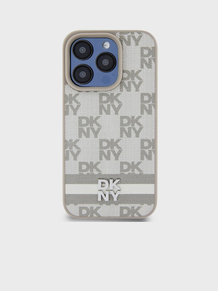 DKNY PU Usnje s kvačkanim vzorcem in črto na hrbtni strani za iPhone 15 Pro Max Beige DKNY