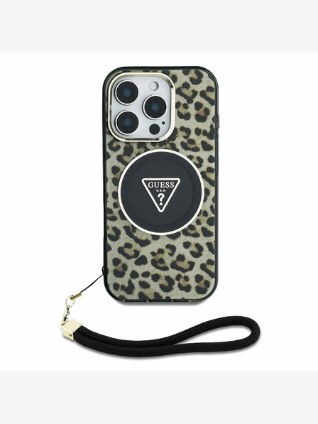 Guess Guess IML Leopard Triangle Logo Strap MagSafe hrbtni ovitek za iPhone 16 Pro Max Brown