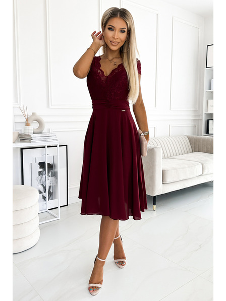 numoco Šifonska obleka s čipkastim izrezom - bordo Numoco LINDA