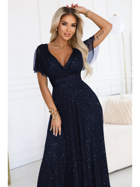 numoco basic MELANIA dolge, leske obleke z izrezom in kratkimi rokavi - temno modro