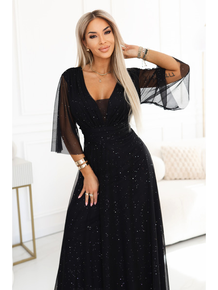 numoco Dolga žametna obleka plus size z izrezom in prozornim rokavom - črna