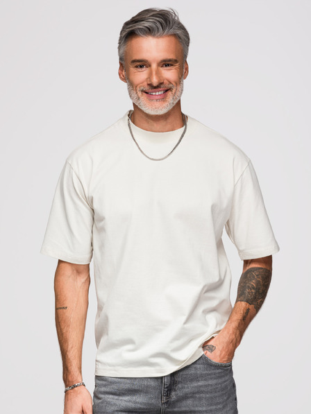 Ombre Clothing Moška majica prostega kroja s srebrno-črno aplikacijo panterja iz palic in kroglic na hrbtu – prekinjena bela V2 OM-TSCT-0279 Ombre Clothing