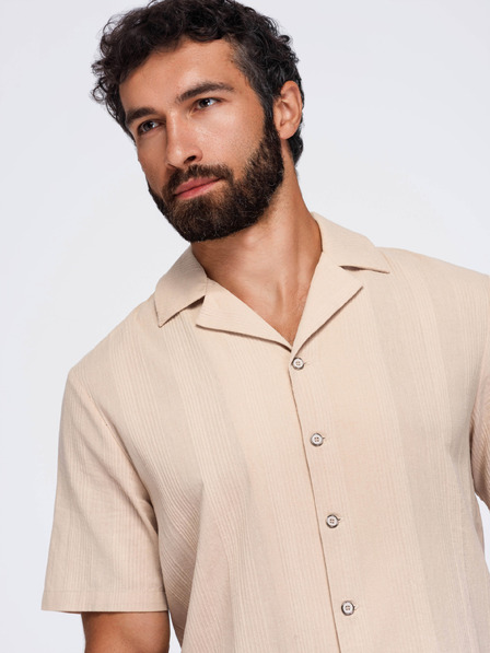Ombre Clothing Moška bombažna srajca s kubanskim ovratnikom – svetlo rjava V1 OM-SHSS-0221 Ombre Clothing