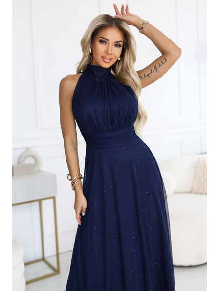 numoco VERONICA Luksuzne dolge obleke z brokadnim akcentom in elegantnim rezom - temno modre