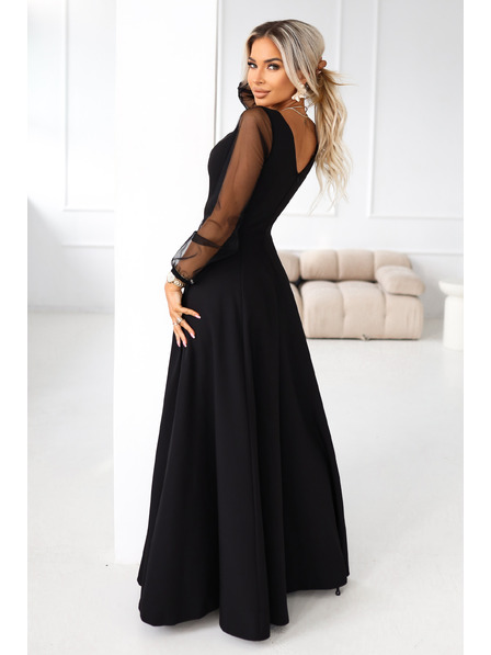 numoco LORETTA edinstvene dolge šaty s tančicami in izrezom - črne