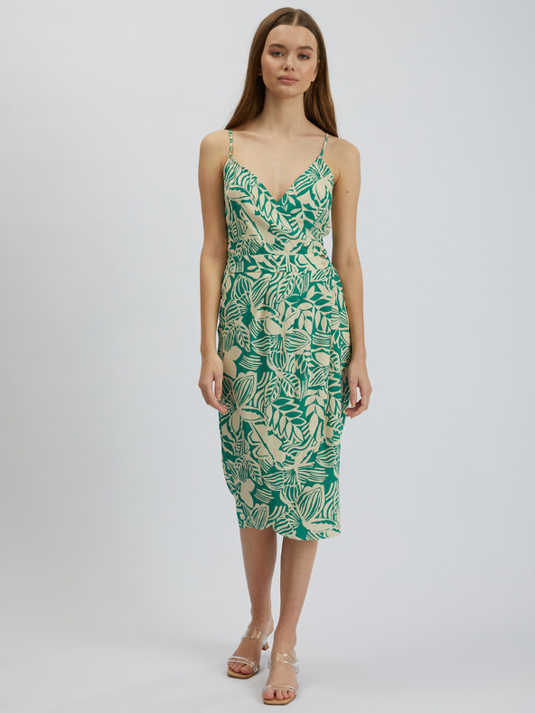 Orsay Krem in zelena vzorčasta lanena midi obleka ORSAY