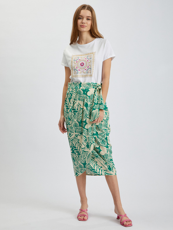 Orsay Krem-zeleno žensko vzorčasto ovito midi krilo z dodatkom lanu ORSAY