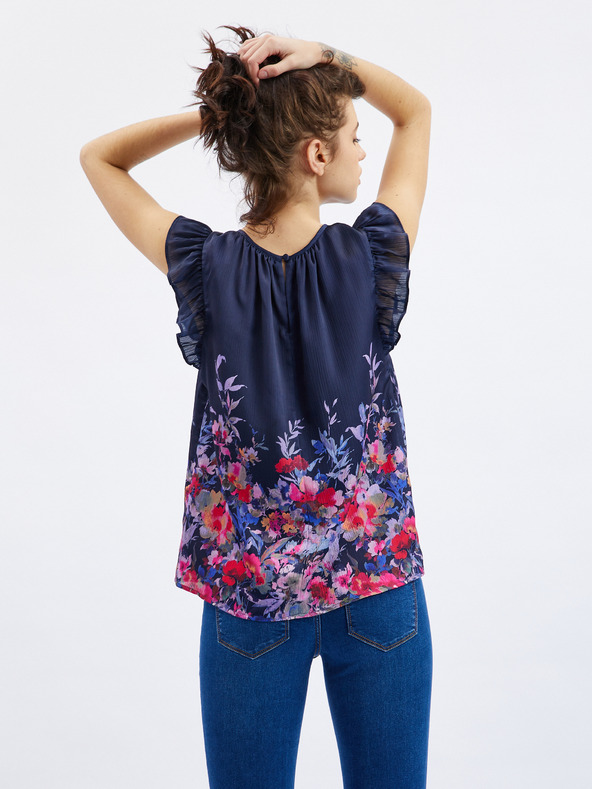 Orsay Temno modra ženska cvetlična bluza z volančkom ORSAY