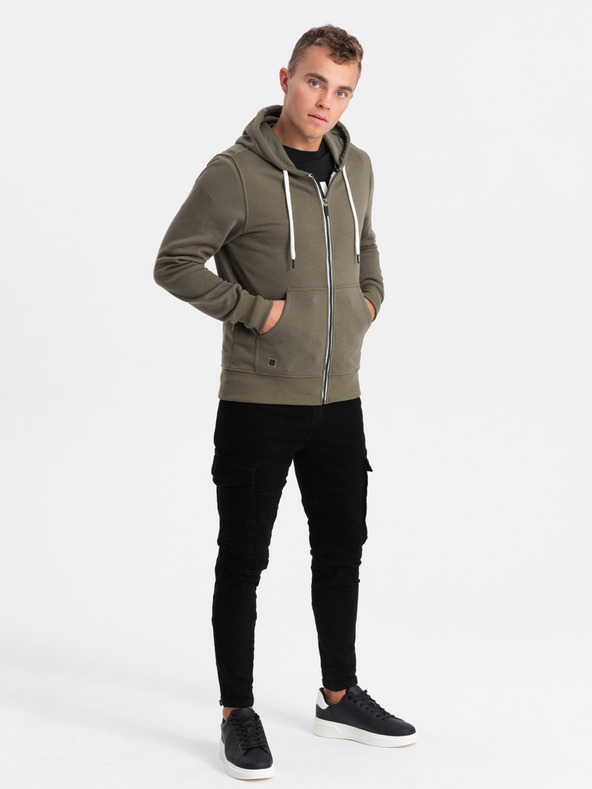 Ombre Clothing Kaki moška majica z zadrgo in kapuco Ombre Clothing