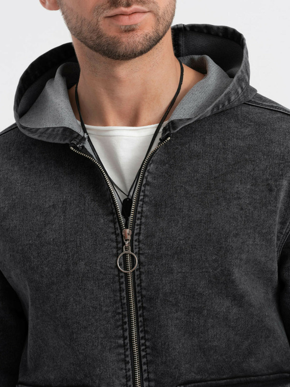 Ombre Clothing Črna moška jakna iz džinsa s kapuco Ombre Clothing