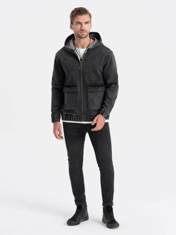 Ombre Clothing Črna moška jakna iz džinsa s kapuco Ombre Clothing