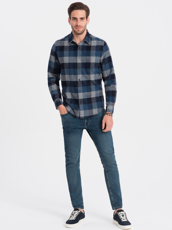 Ombre Clothing Modra moška karirasta flanelasta srajca Ombre Clothing