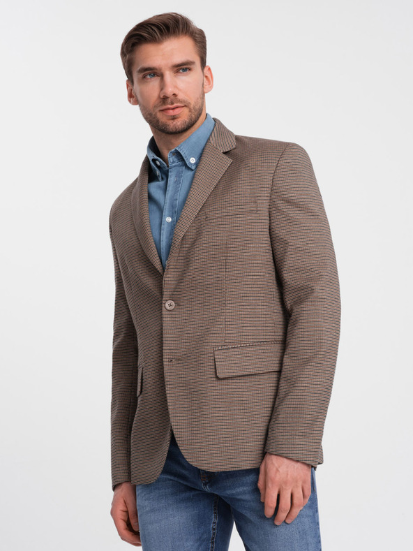 Ombre Clothing Rjava moška blazer jopa s fino karirastim vzorcem Ombre Clothing