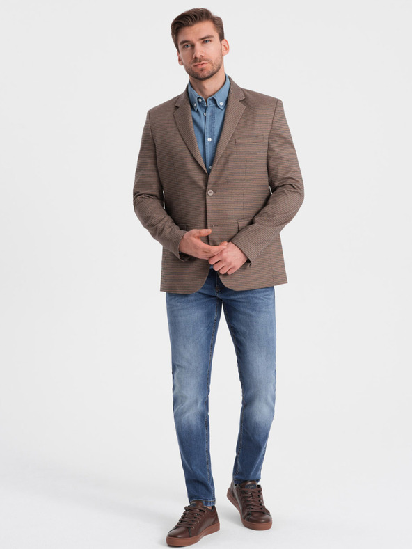 Ombre Clothing Rjava moška blazer jopa s fino karirastim vzorcem Ombre Clothing