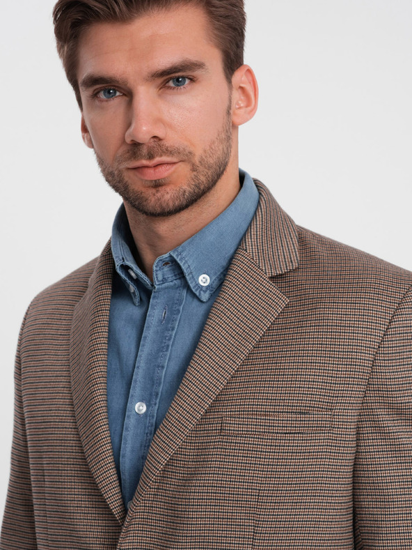 Ombre Clothing Rjava moška blazer jopa s fino karirastim vzorcem Ombre Clothing