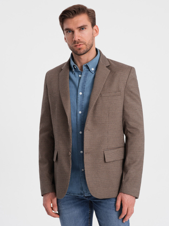 Ombre Clothing Rjava moška blazer jopa s fino karirastim vzorcem Ombre Clothing