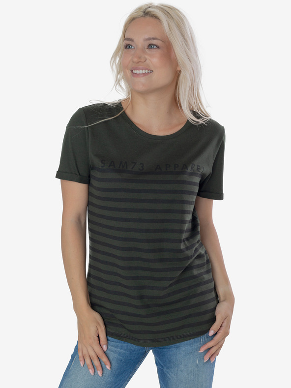Sam 73 Črno-zelena ženska črtasta majica SAM 73