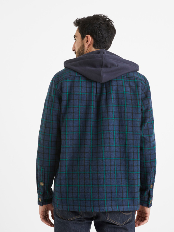 Celio Zelena in modra moška karirasta majica s kapuco Celio Valines