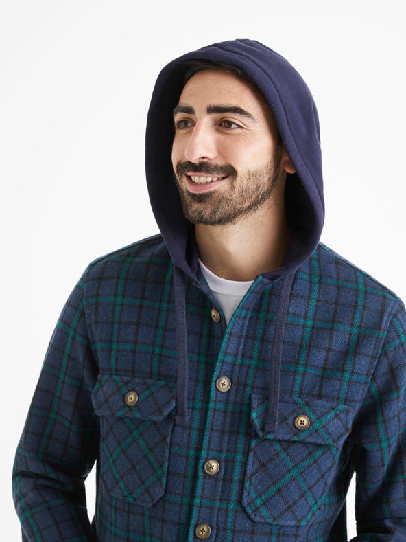 Celio Zelena in modra moška karirasta majica s kapuco Celio Valines