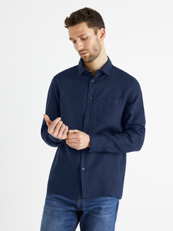 Celio Temno modra moška lanena srajca Celio Baflax