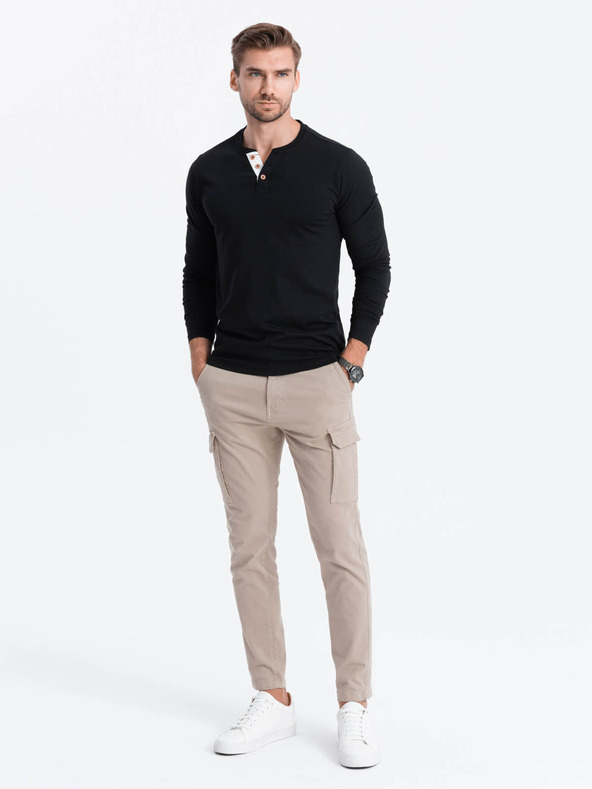 Ombre Clothing Črna moška majica z gumbom Ombre Clothing HENLEY