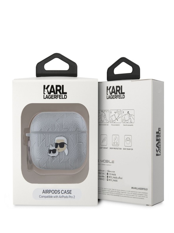 Karl Lagerfeld PU Embossed Karl and Choupette Head Case for AirPods Pro 2 Silver Karl Lagerfeld