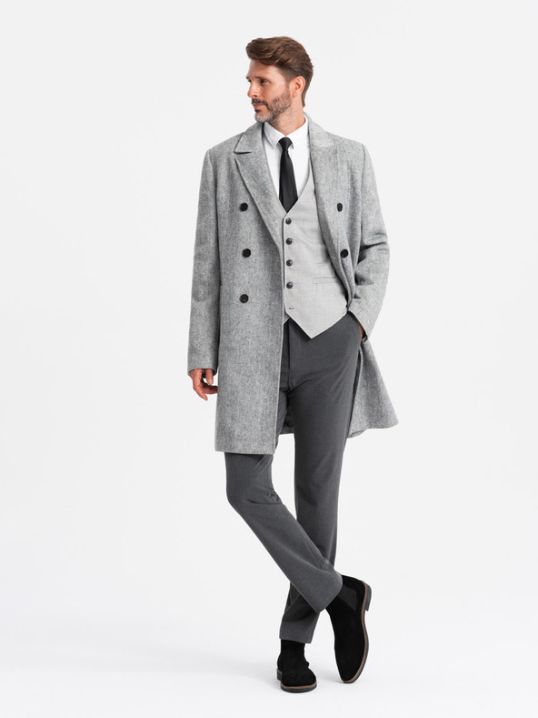 Ombre Clothing Eleganten moški dvoredni plašč v slemenu sive barve Ombre Clothing