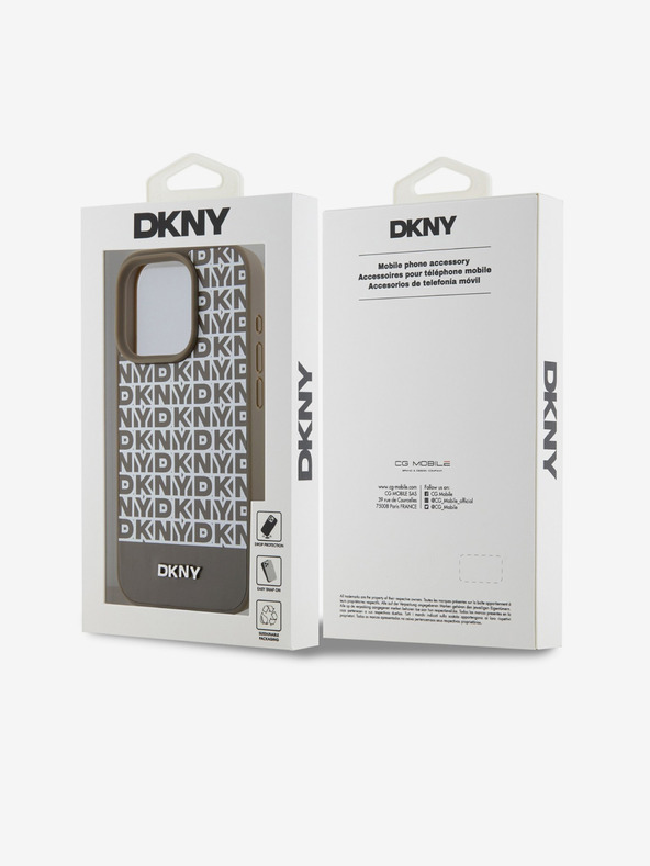 DKNY PU Usnje s ponavljajočim se vzorcem spodnjega dela Stripe MagSafe hrbtni ovitek za iPhone 15 Pro Max Brown DKNY