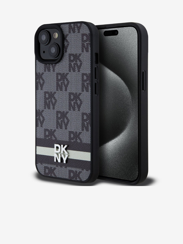 DKNY PU Usnje s karirastim vzorcem in črto na hrbtni strani za iPhone 15 črno DKNY