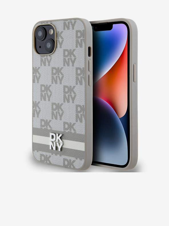 DKNY PU Usnje s kvačkanim vzorcem in črto na hrbtni strani za iPhone 14 Beige DKNY