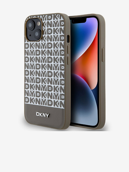 DKNY PU Usnje Ponavljajoči se vzorec spodnjega dela Stripe MagSafe hrbtni ovitek za iPhone 14 Brown DKNY