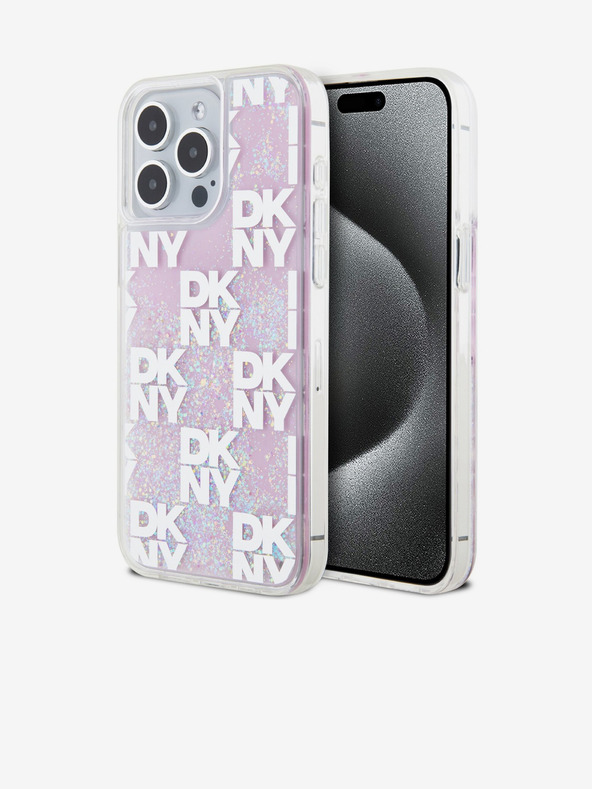 DKNY Tekoči bleščice šahiran vzorec hrbtnega ovitka za iPhone 15 Pro Max roza DKNY