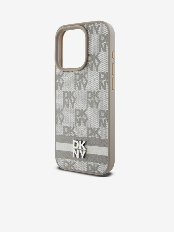 DKNY PU Usnje Checkered Pattern and Stripe Back Cover za iPhone 14 Pro Beige DKNY