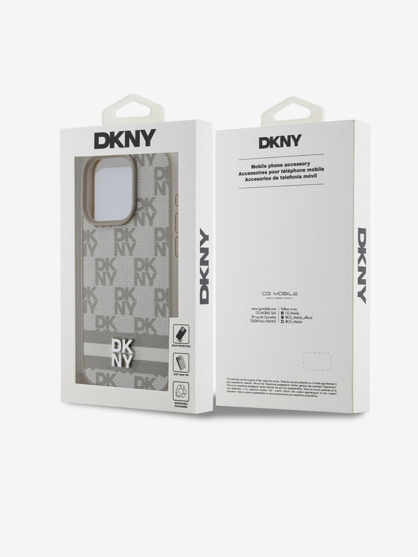 DKNY PU Usnje Checkered Pattern and Stripe Back Cover za iPhone 14 Pro Beige DKNY