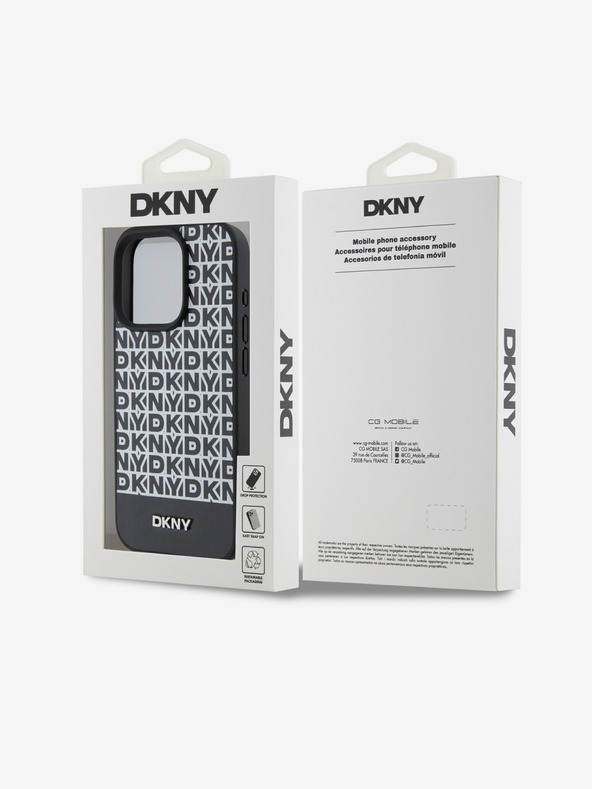 DKNY PU Usnje s ponavljajočim se vzorcem spodnjega dela Stripe MagSafe hrbtni ovitek za iPhone 14 Pro Max Black DKNY