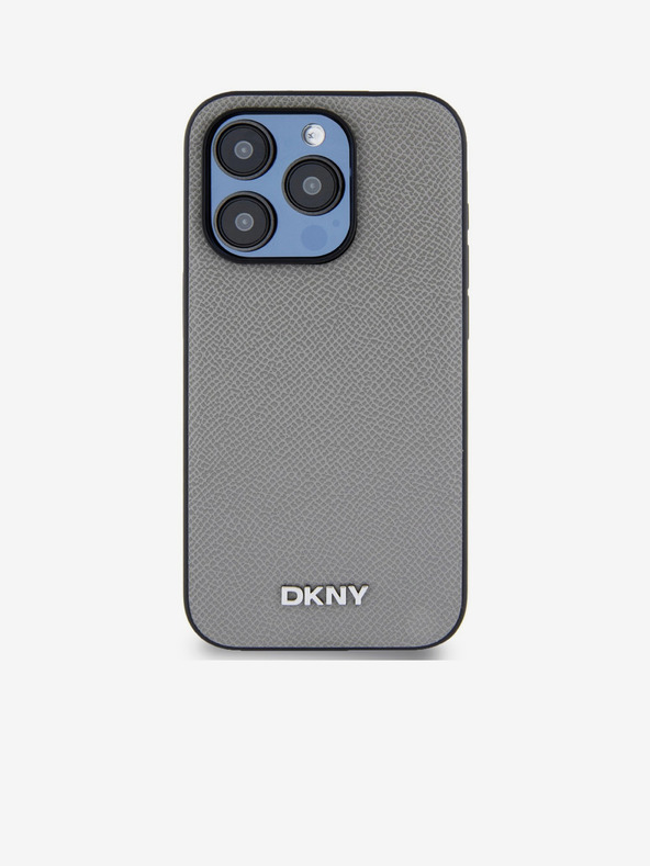 DKNY PU usnje Silver Metal Logo Magsafe hrbtni ovitek za iPhone 15 Pro Grey DKNY