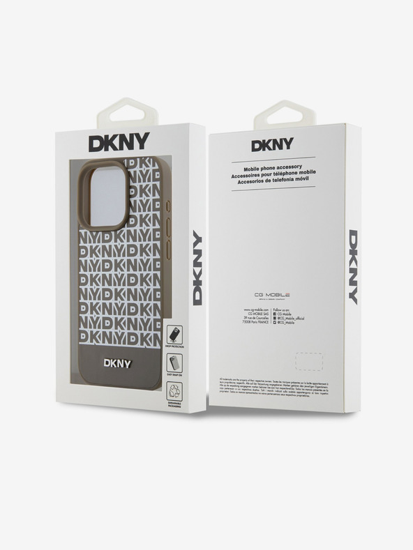 DKNY PU Usnje Ponavljajoči se vzorec spodnjega dela Stripe MagSafe hrbtni ovitek za iPhone 14 Pro Max Brown DKNY