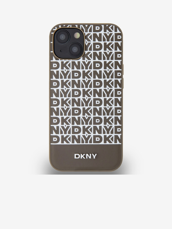 DKNY PU usnje Ponavljajoči se vzorec s črto na dnu hrbtnega ovitka za iPhone 13 Rjava DKNY