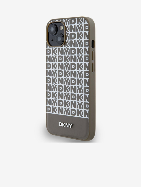 DKNY PU usnje Ponavljajoči se vzorec s črto na dnu hrbtnega ovitka za iPhone 13 Rjava DKNY