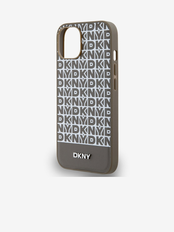 DKNY PU usnje Ponavljajoči se vzorec s črto na dnu hrbtnega ovitka za iPhone 13 Rjava DKNY