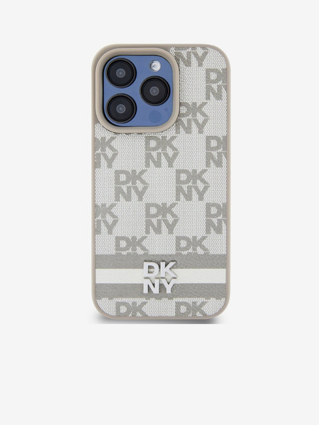 DKNY PU Usnje s kvačkanim vzorcem in črtami za iPhone 13 Pro Max Beige DKNY