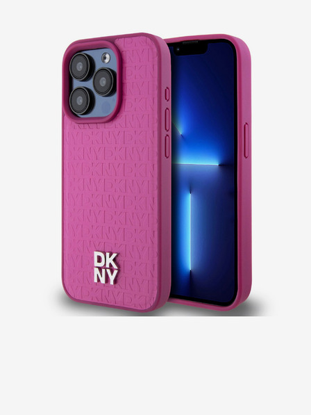 DKNY PU Usnje s ponavljajočim se vzorcem Stack Logo Magsafe Zadnji ovitek za iPhone 15 Pro Pink DKNY