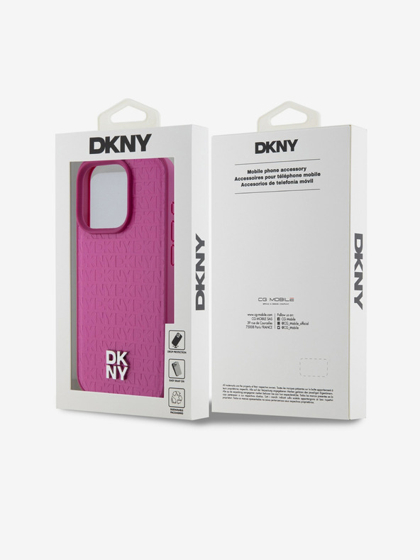 DKNY PU Usnje s ponavljajočim se vzorcem Stack Logo Magsafe Zadnji ovitek za iPhone 15 Pro Pink DKNY