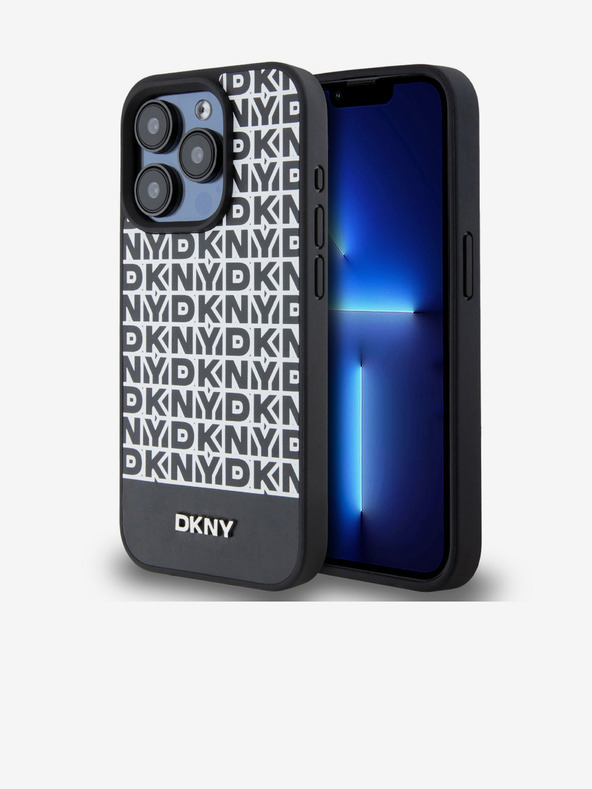 DKNY PU Usnje Ponavljajoči se vzorec spodnjega dela Stripe MagSafe hrbtni ovitek za iPhone 15 Pro Black DKNY
