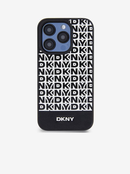 DKNY PU Usnje Ponavljajoči se vzorec spodnjega dela Stripe MagSafe hrbtni ovitek za iPhone 15 Pro Black DKNY