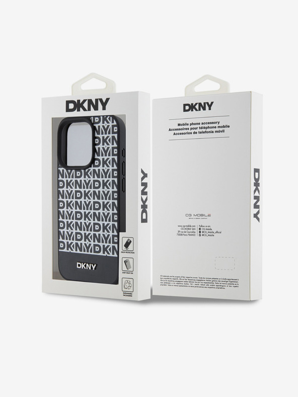 DKNY PU Usnje Ponavljajoči se vzorec spodnjega dela Stripe MagSafe hrbtni ovitek za iPhone 15 Pro Black DKNY