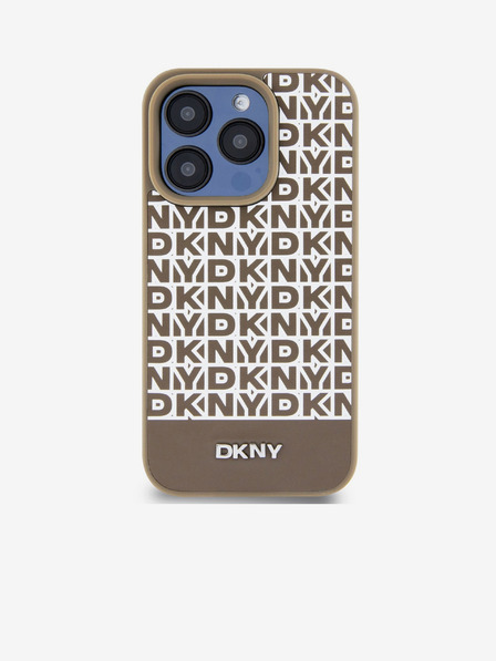 DKNY PU Usnje Ponavljajoči se vzorec spodnjega dela Stripe MagSafe hrbtni ovitek za iPhone 13 Pro Brown DKNY