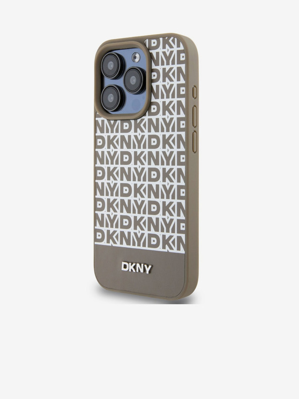 DKNY PU Usnje Ponavljajoči se vzorec spodnjega dela Stripe MagSafe hrbtni ovitek za iPhone 13 Pro Brown DKNY