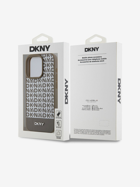 DKNY PU Usnje Ponavljajoči se vzorec spodnjega dela Stripe MagSafe hrbtni ovitek za iPhone 13 Pro Brown DKNY