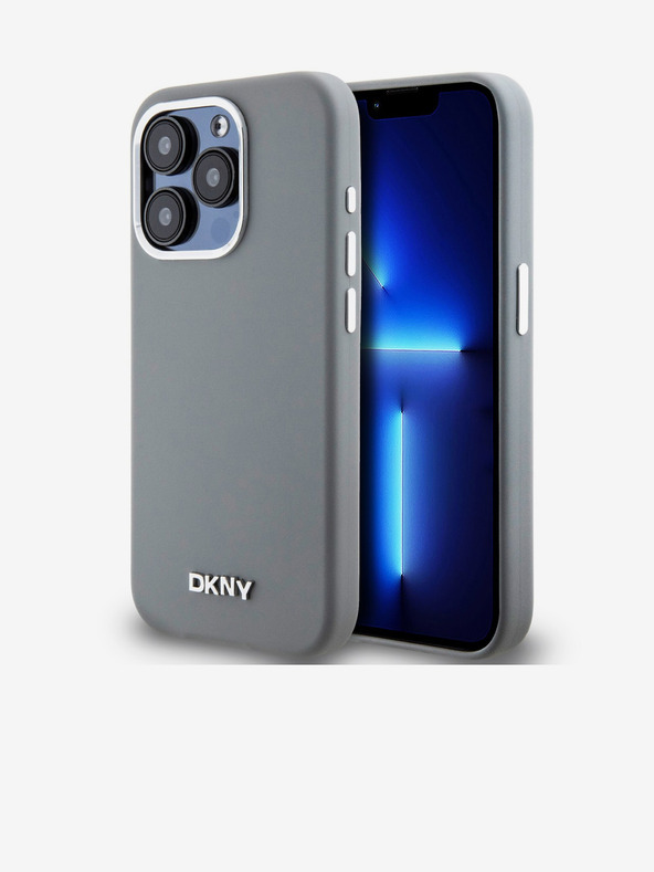 DKNY Tekoči silikonski srebrni kovinski logotip Magsafe hrbtni ovitek za iPhone 15 Pro Grey DKNY